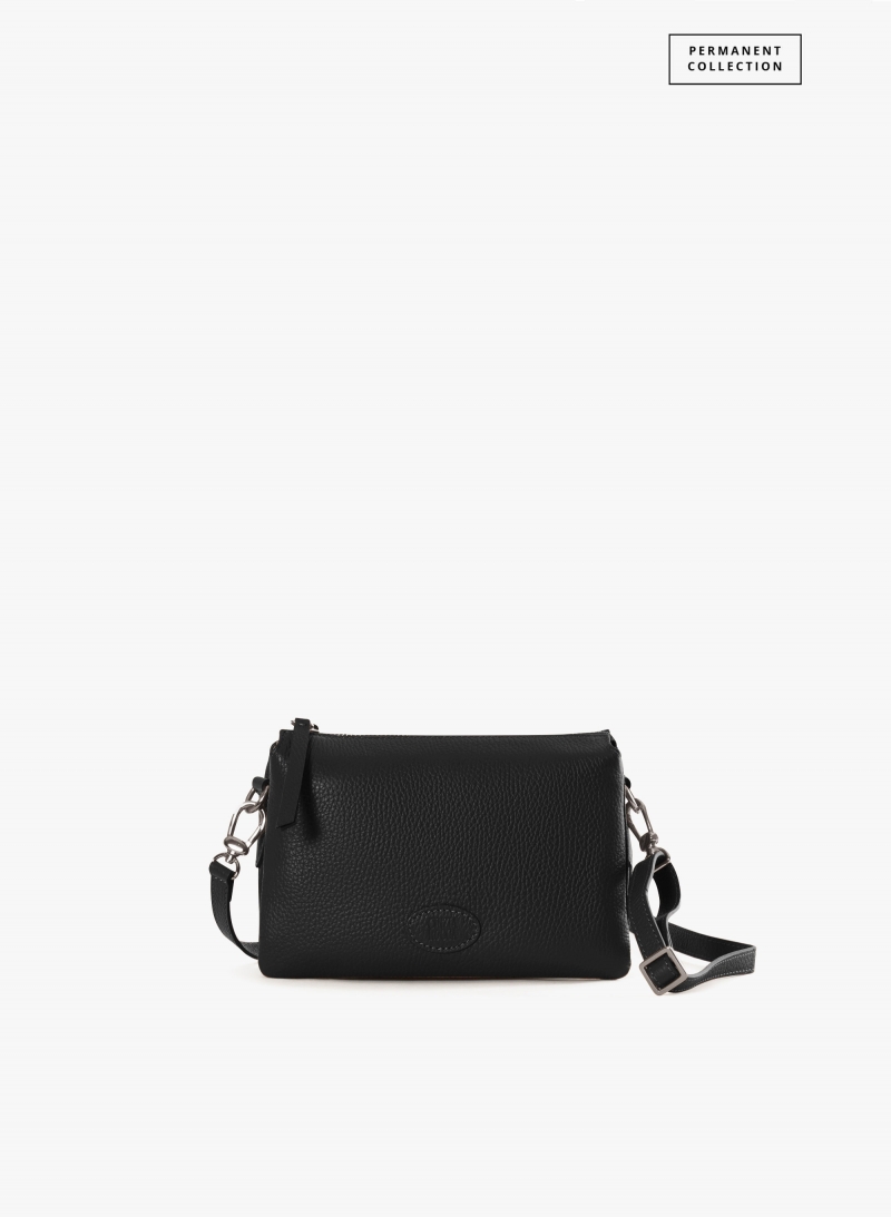 Black genuine leather crossbody bag with three compartments