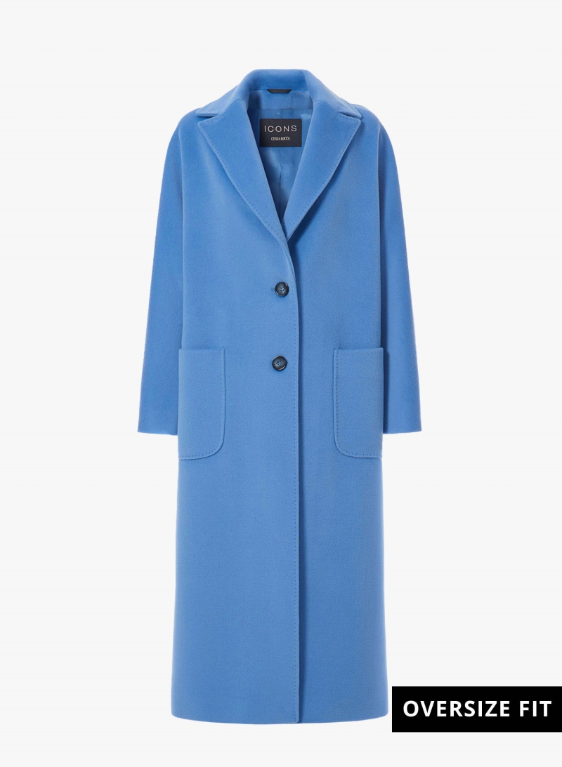 Maxi oversized light blue pure wool coat with patch pockets