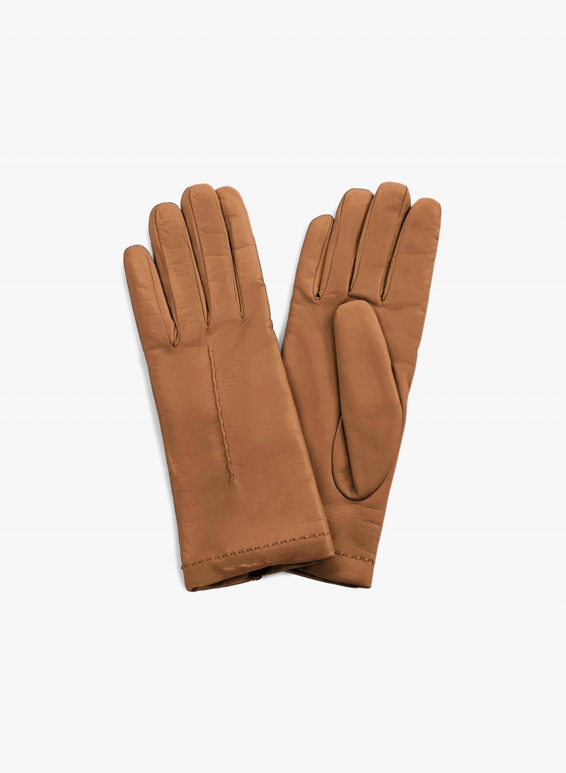 Camel nappa leather gloves with top stitch