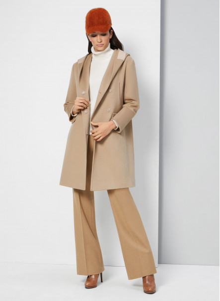 Wool and cashmere camel hooded coat
