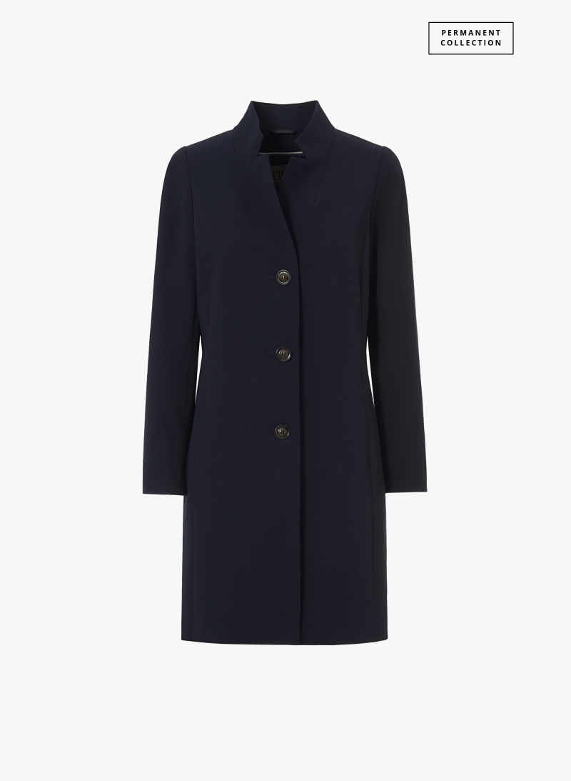 Blue stretch cotton overcoat with inverted notch collar