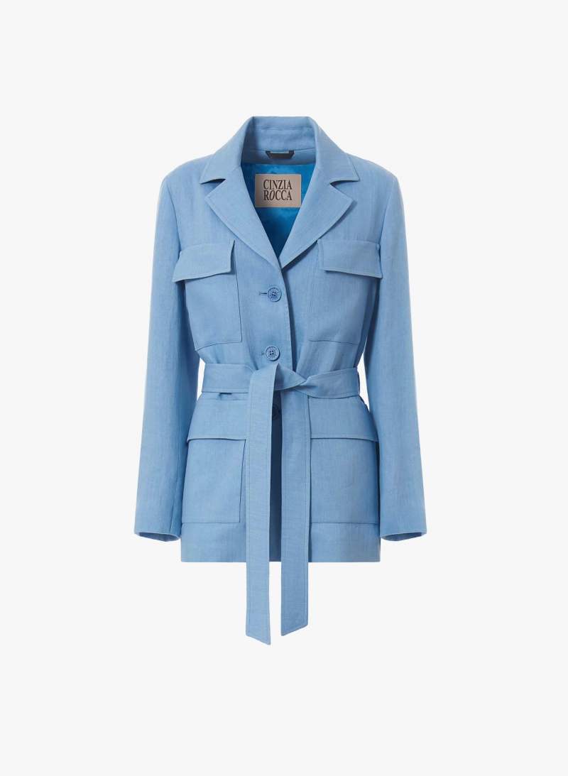 Light blue linen safari jacket with belt