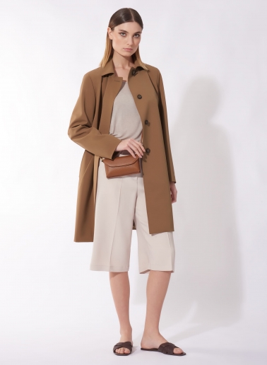 Tobacco color overcoat with shirt collar in technical fabric