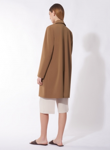Tobacco color overcoat with shirt collar in technical fabric