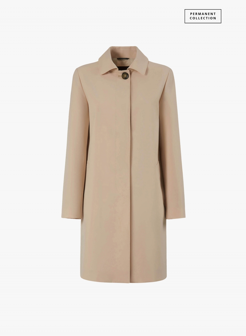 Beige overcoat with shirt collar in technical fabric