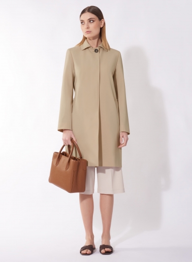 Beige overcoat with shirt collar in technical fabric