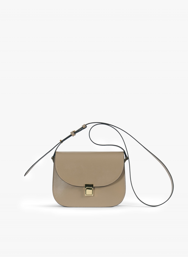 Taupe smooth leather shoulder bag with metal closure