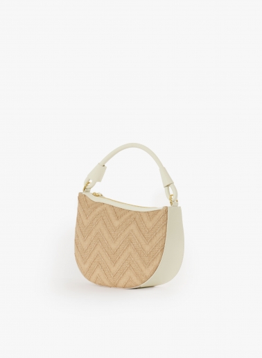 Asymmetrical straw bag with beige leather details