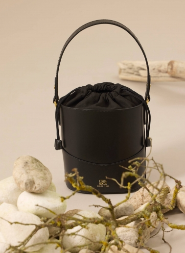 Black smooth leather bucket bag with drawstring closure