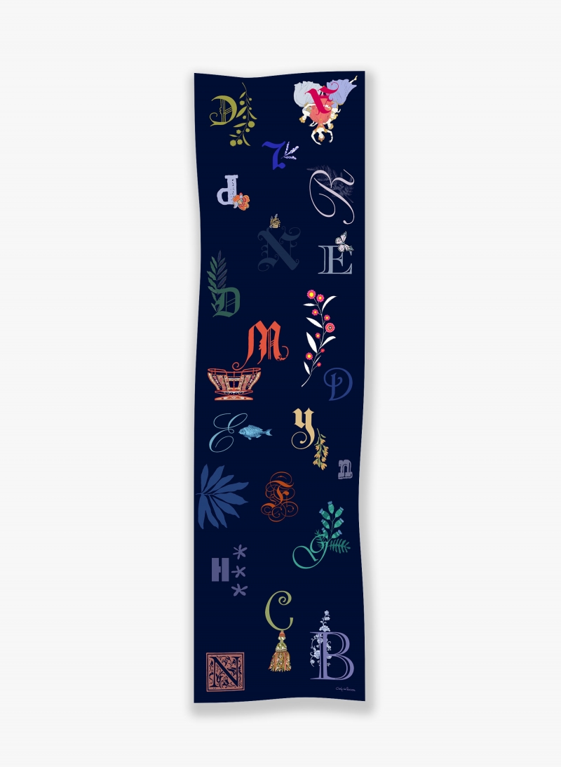 Blue pure silk twill maxi scarf with letter pattern