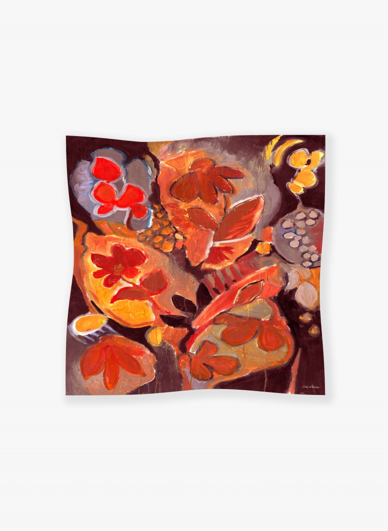 Red pure silk scarf with watercolor pattern