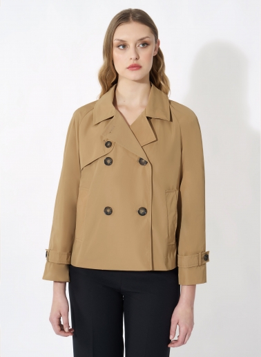 Double breasted camel jacket in rainproof technical fabric