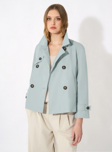 Double breasted light blue jacket in rainproof technical fabric