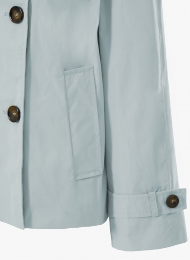 Double breasted light blue jacket in rainproof technical fabric