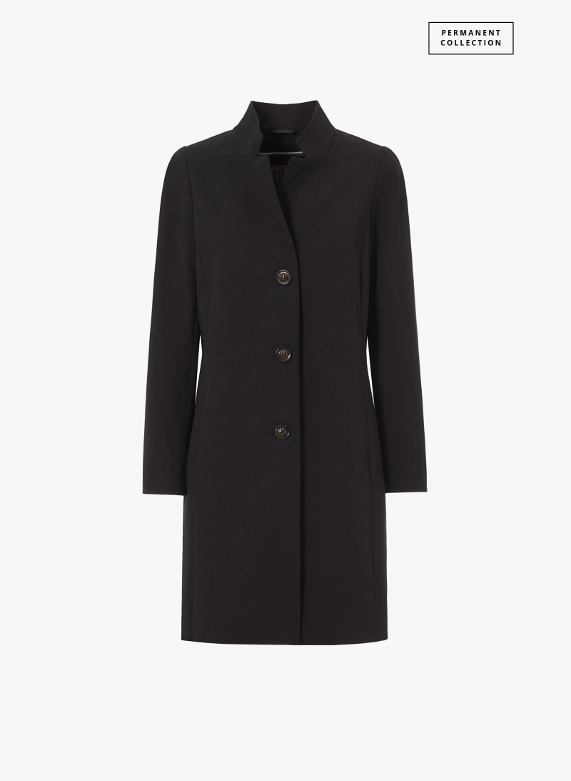 Black stretch cotton overcoat with inverted notch collar