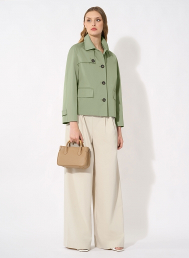 Military green cotton jacket with shirt collar and trench-style flap