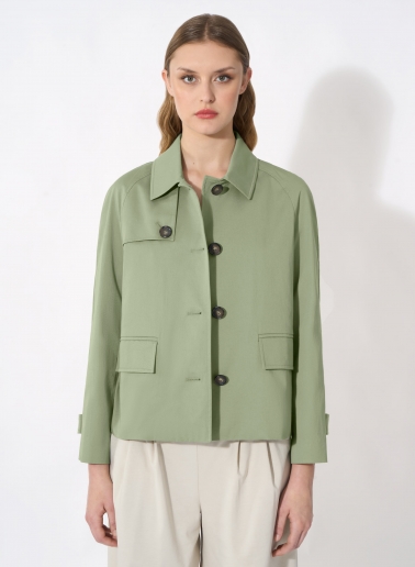 Military green cotton jacket with shirt collar and trench-style flap