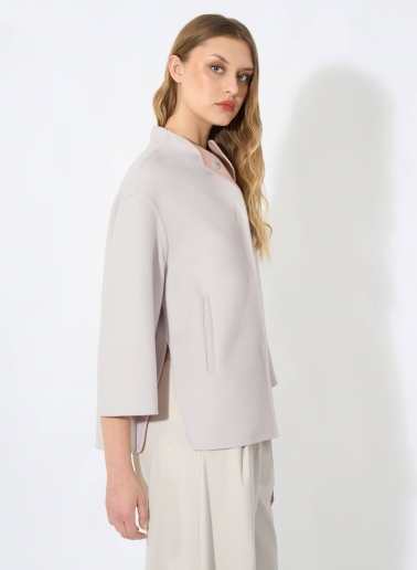 Two-tone pearl grey jacket in pure double wool with high collar