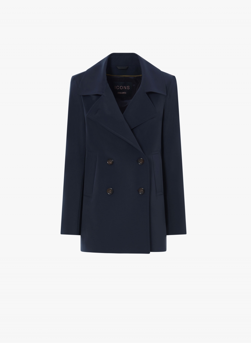 Dark blue double-breasted jacket with dual use notch collar