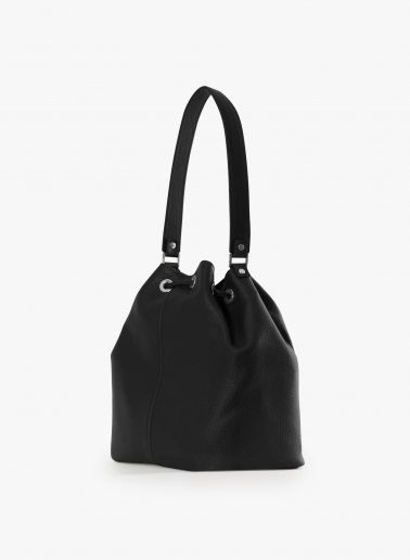 Black genuine leather bucket bag with gusset and logo