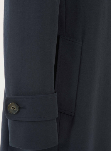 Dark blue overcoat in rainproof technical fabric with trench-style flap
