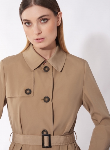 Rainproof tech taffeta camel trench coat