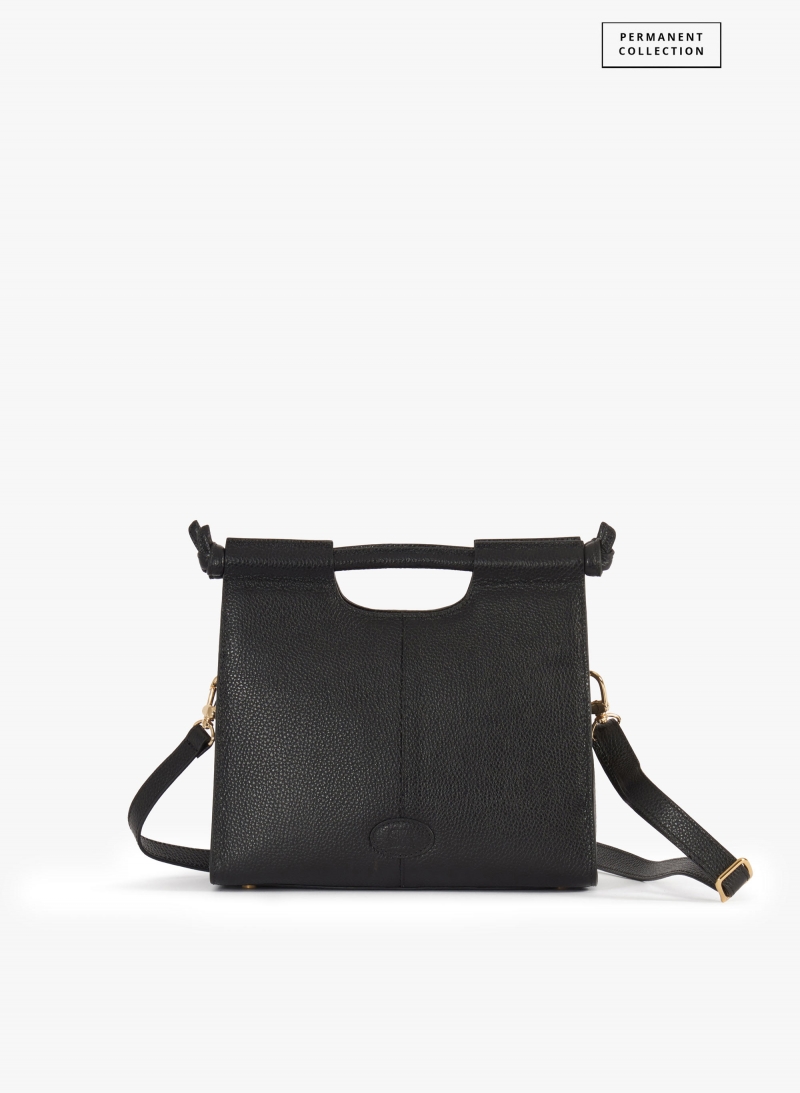 Black leather handbag with strap