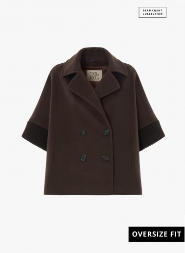 Brown pure wool cape with knitted inserts