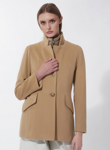 Short camel pure wool coat with detachable nylon bib