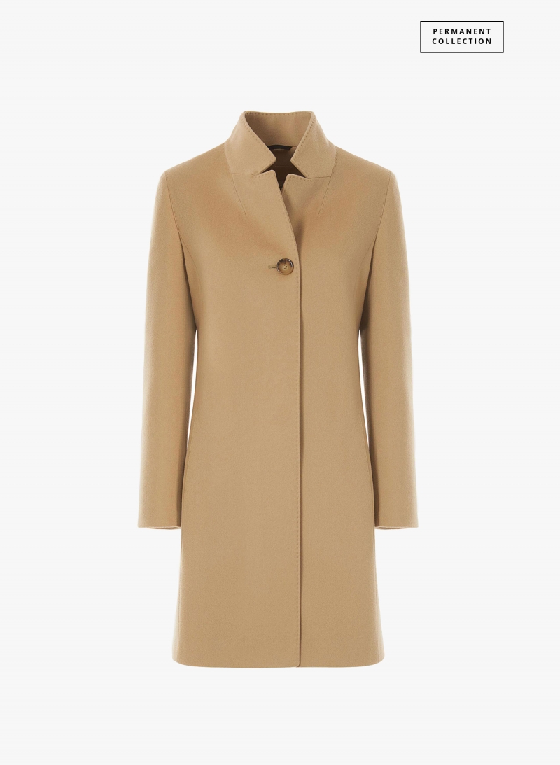 Inverted notch collar light camel coat crafted with pure wool