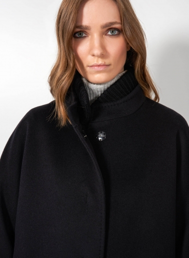 Short oversized black pure wool coat with knitted details