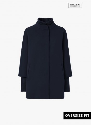 Short oversized blue pure wool coat with knitted details