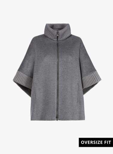 Zipped grey pure zibeline wool cape