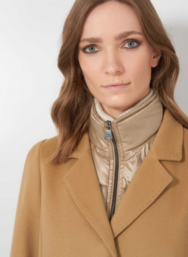 Camel pure wool coat with detachable nylon bib