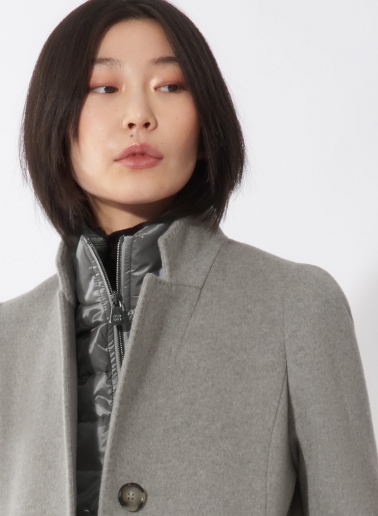 Maxi light grey wool coat with detachable nylon bib