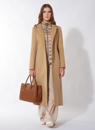 Maxi camel wool coat with detachable nylon bib