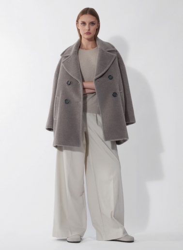 Short oversized dark taupe double breasted wool and alpaca coat