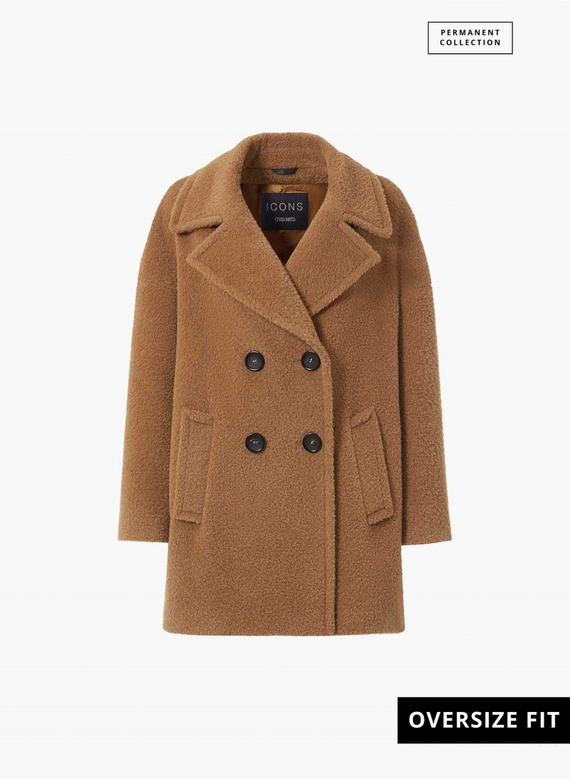 Short oversized dark camel double breasted wool and alpaca coat