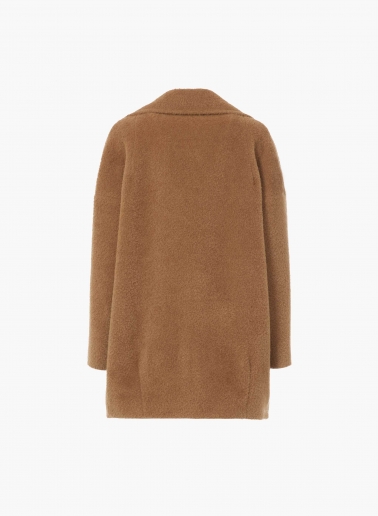 Short oversized dark camel double breasted wool and alpaca coat