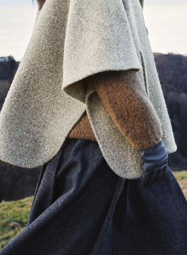 Beige double breasted cape in bouclé effect fabric