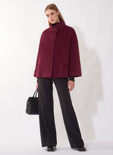 Short flared burgundy wool coat with high collar