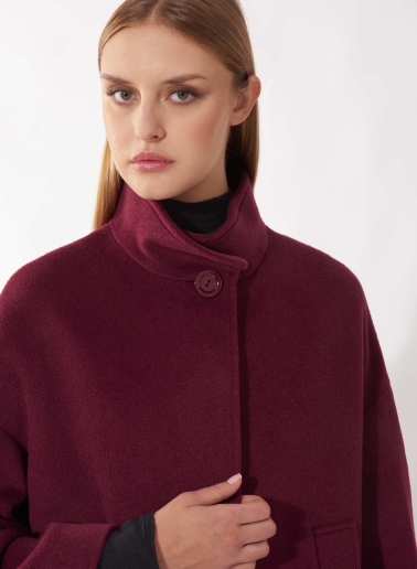 Short flared burgundy wool coat with high collar