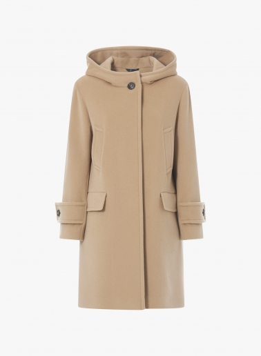 Hooded light camel wool and cashmere parka with double pockets | Cinzi