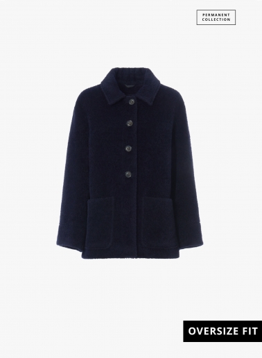 Short blue wool and alpaca coat with shirt collar and patch pockets | 