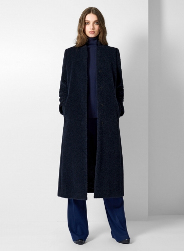 Maxi blue wool and alpaca coat with inverted notch collar