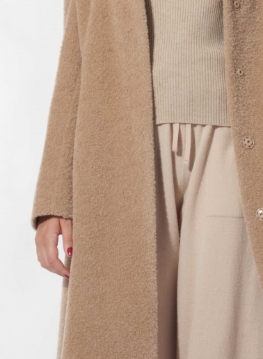 Maxi dark beige wool and alpaca coat with inverted notch collar