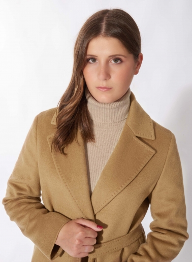 Belted fitted camel pure wool coat