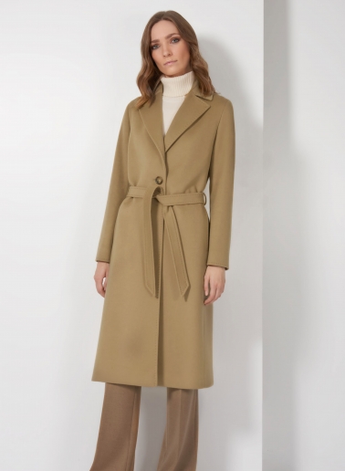 Belted fitted camel pure cashmere coat