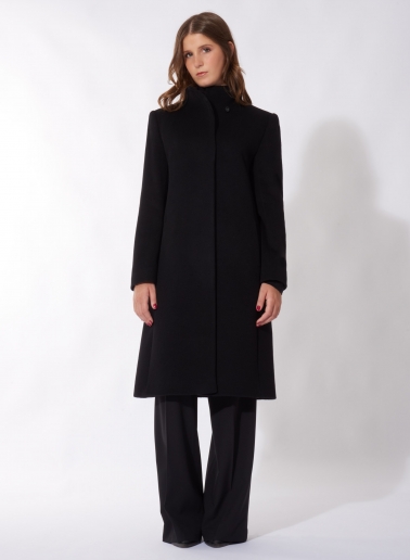 Black pure cashmere coat with high stand up collar