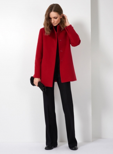 Short red wool and cashmere coat with high stand up collar